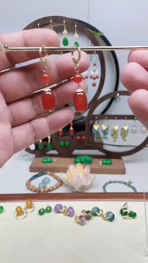 南红玛瑙14K金镶嵌耳饰81号