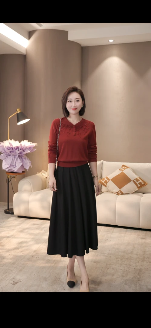 【双姐】女针织常规款冬季毛针织衫绣花中长款秋冬圆领JH11482