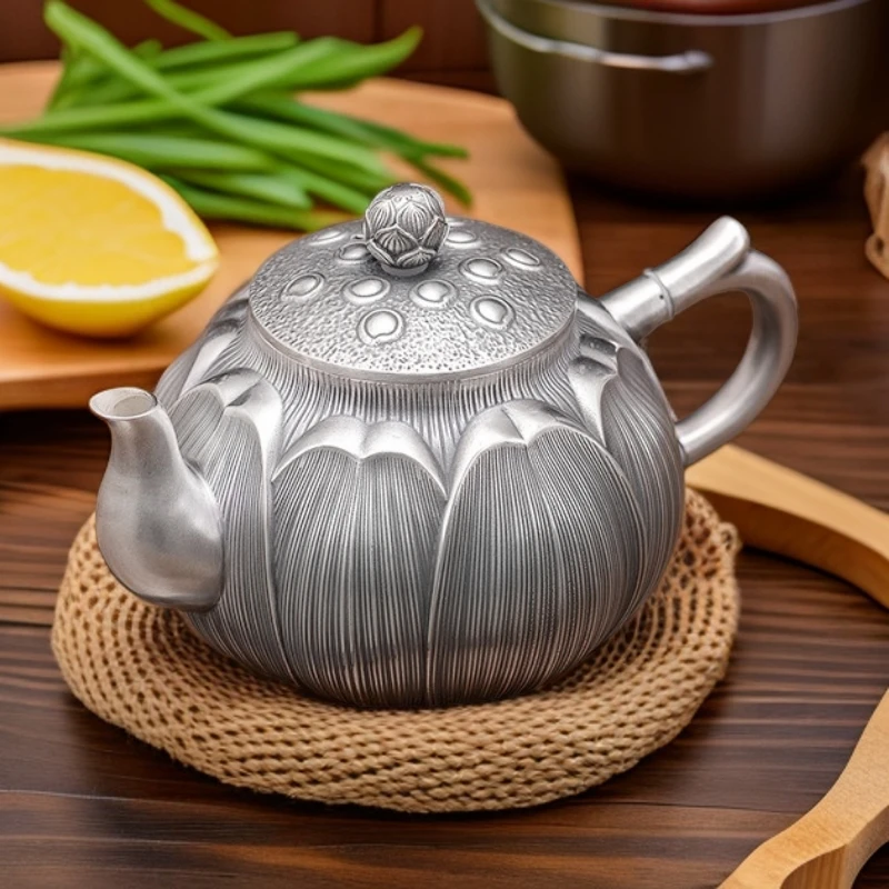 足银银制品 银茶壶足银999纯手工泡茶壶银茶具套装莲花茶壶