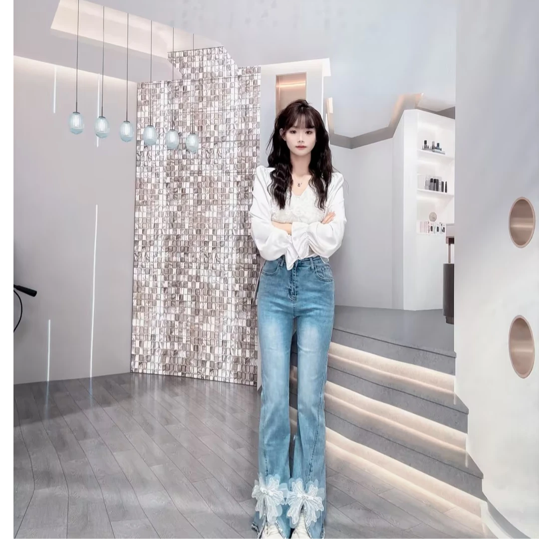 INS春季新款重工蕾丝微喇牛仔裤5251361017