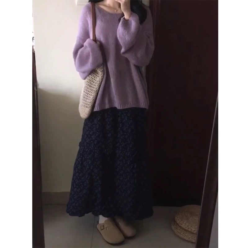 2025秋季新款女韩系穿搭圆领长袖修身针织上衣百搭高腰碎花半身裙