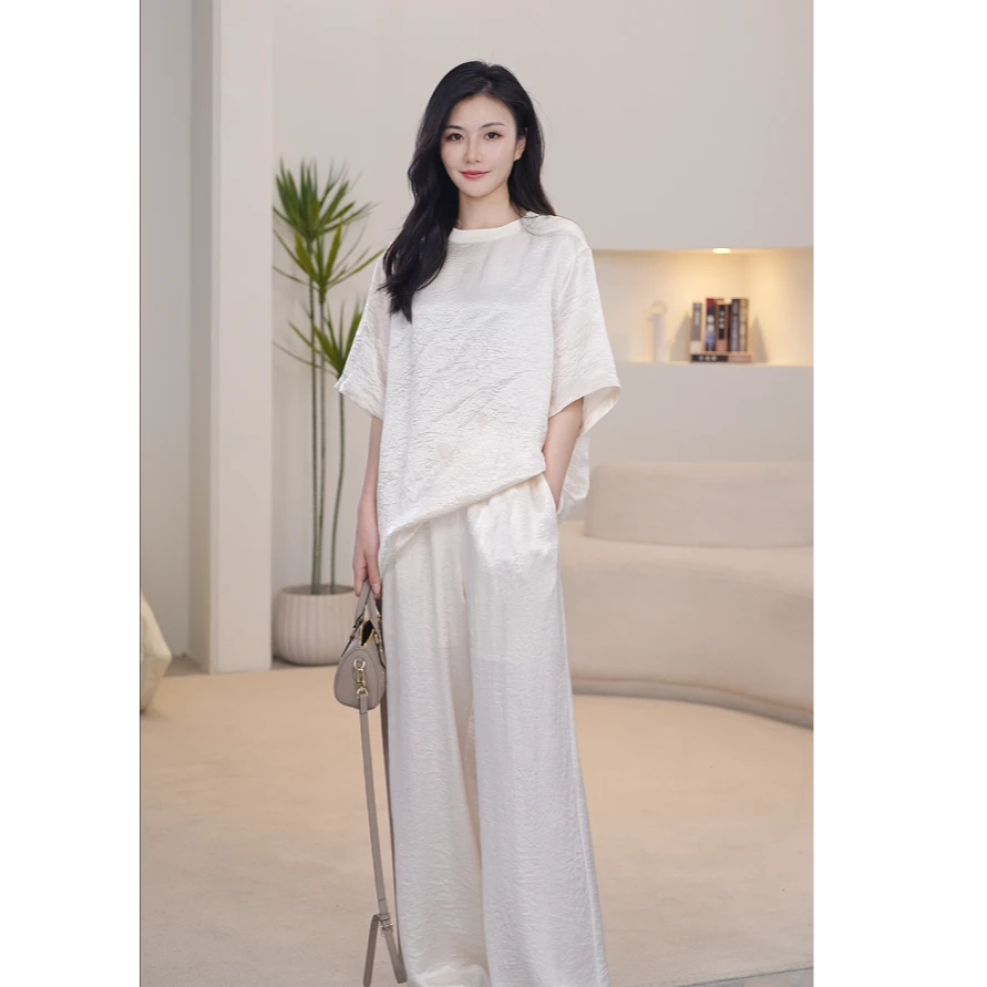 新款醋酸套装垂感高级褶皱感宽松圆领ZBX-030