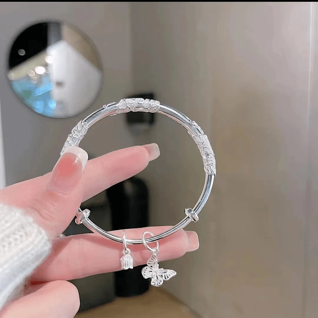 足银手镯 足银999.9繁花似锦镯子蝴蝶推拉手镯实心时尚百搭素款