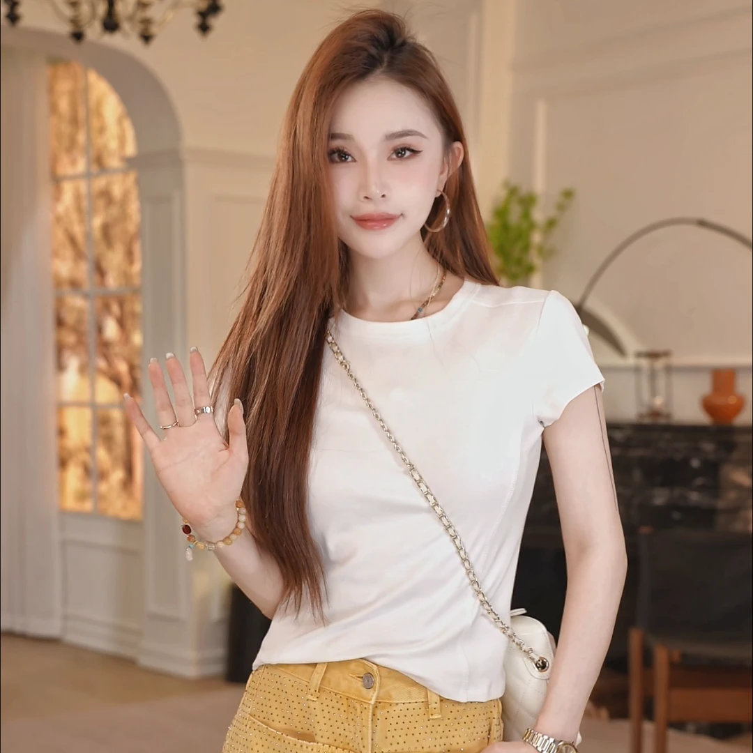 HNIH石艺2025春季新款圆领竖纹简约时尚百搭HS8064纯色T恤