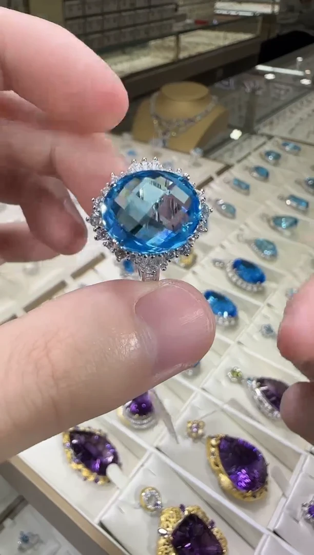 银S925镶嵌戒指托帕石14*12mm