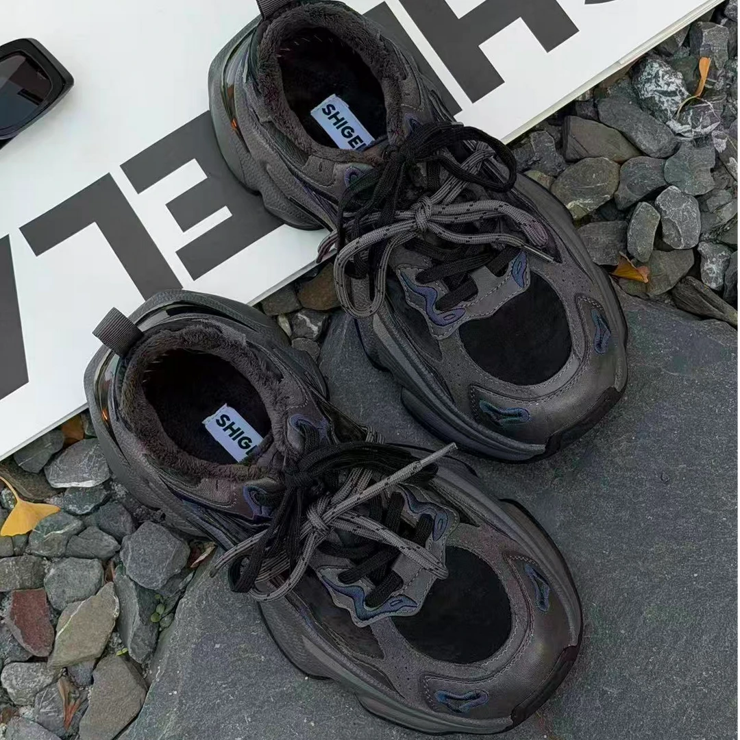 诗歌兰真皮女2025冬新款时尚百搭加绒保暖厚底舒适休闲运动老爹鞋