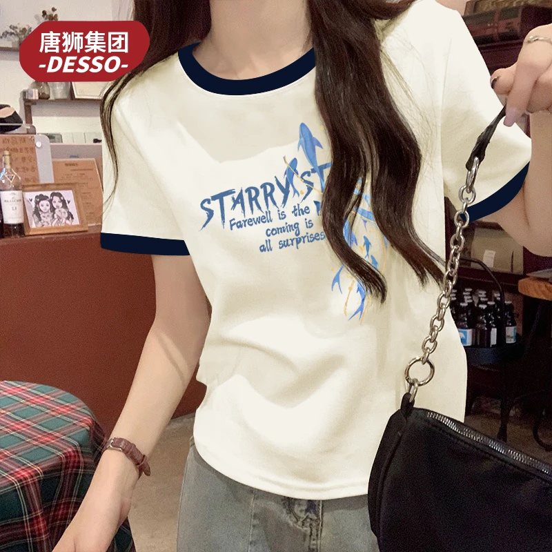 唐狮集团Desso撞色纯棉T恤女知性风正肩宽松2025新款爆款短袖夏季