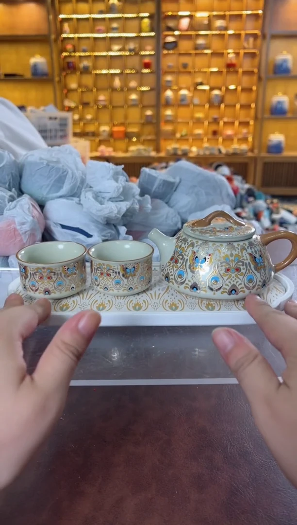 瓷片鸣盏居11111111金银错石瓢壶套组+茶盘