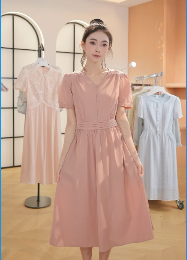 【赠送运费险】Z8297夏新款女装短袖连衣裙轻奢时尚收腰中长款裙子
