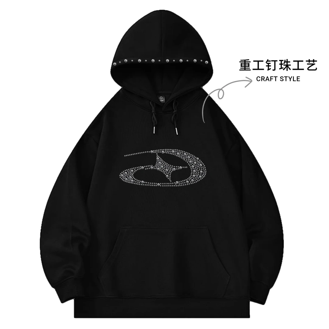 【现货-重工】潮牌图案钉珠华棉400克连帽卫衣男女款秋冬卫衣-Q134