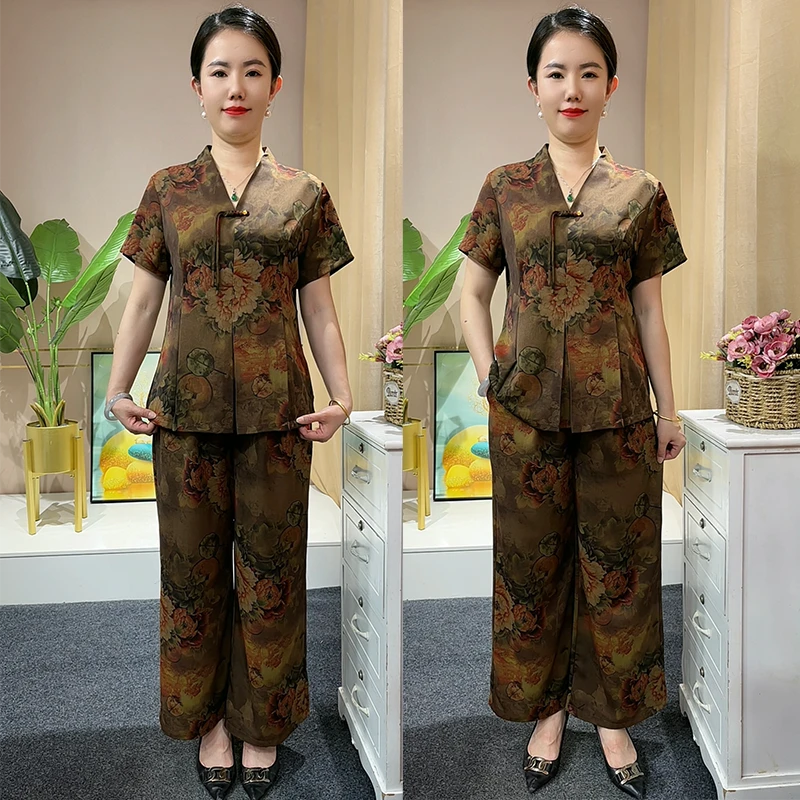 妈妈夏装洋气套装2024新款中老年女装夏季大码两件套装妈妈装裤子