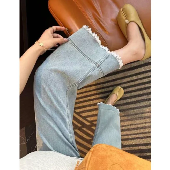 高个子小个子可穿显瘦百搭直筒蕾丝拼接白色牛仔裤1125/1153