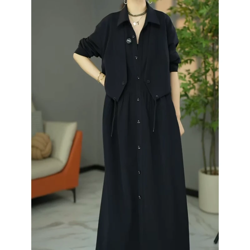 尚微高贵宽松欧版慵懒风连衣裙2025秋季新款显瘦假俩件减龄中长裙