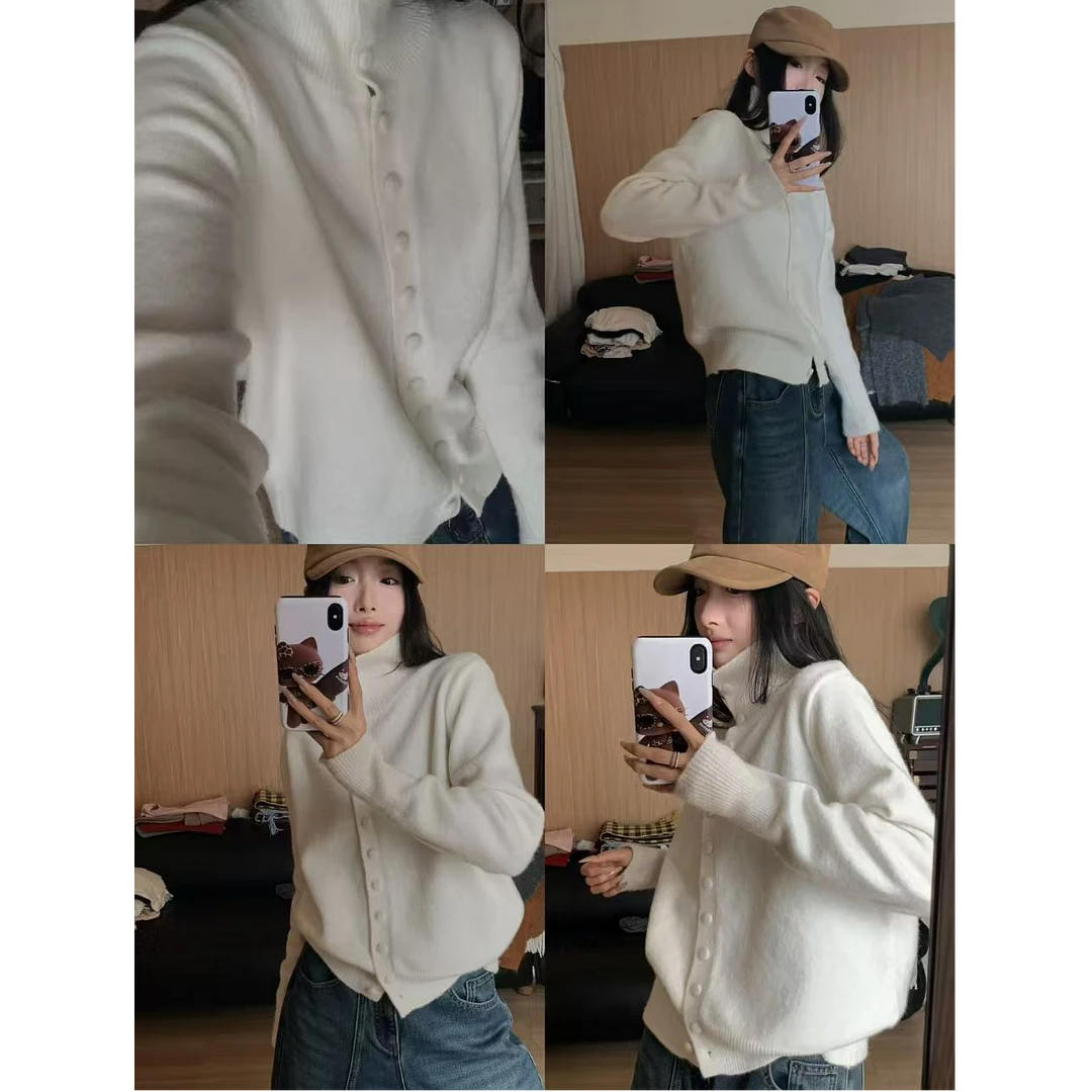 十三行白白家-慵懒形态～排扣针织多穿高领毛衣外套开衫#8579