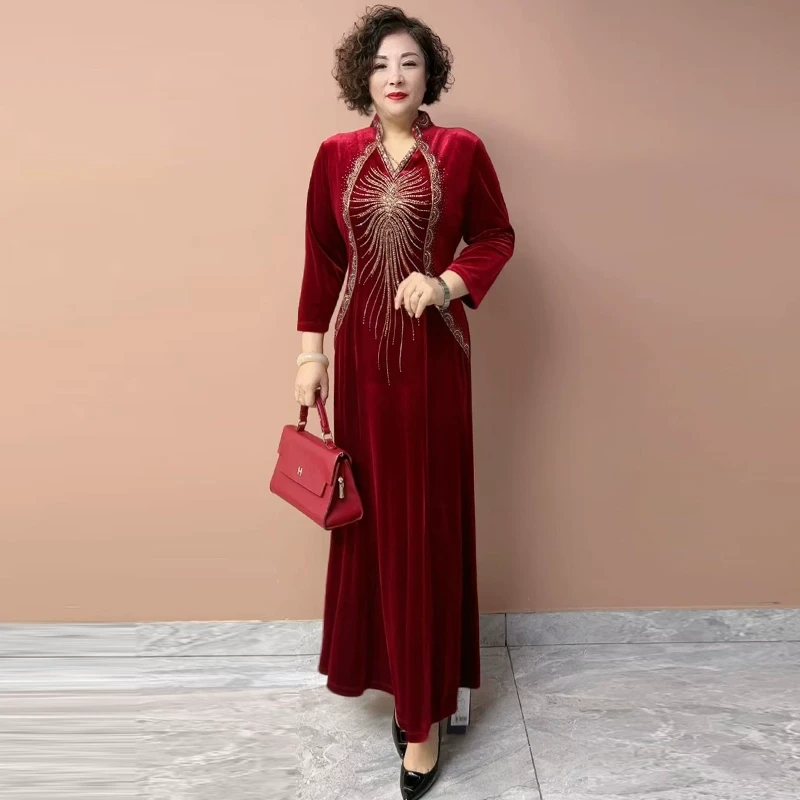 中年妈妈旗袍改良收腰连衣裙2025春秋新款优雅气质洋气显瘦长裙子