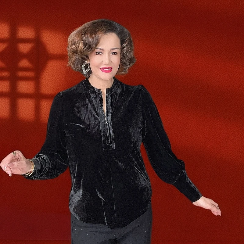 法式半拉链衬衫女长袖圆领黑色金丝绒上衣宽松t恤打底衫潮#8776#