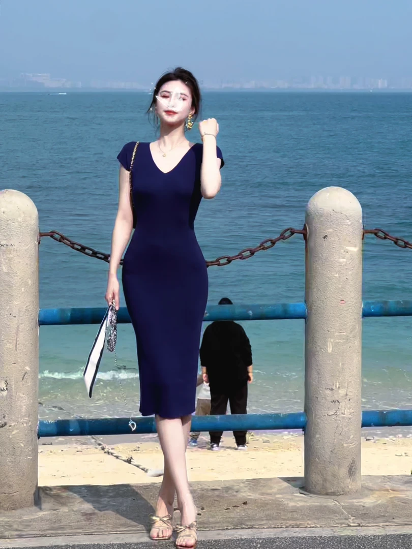 大静推荐【海边夏风】法式V领连衣裙