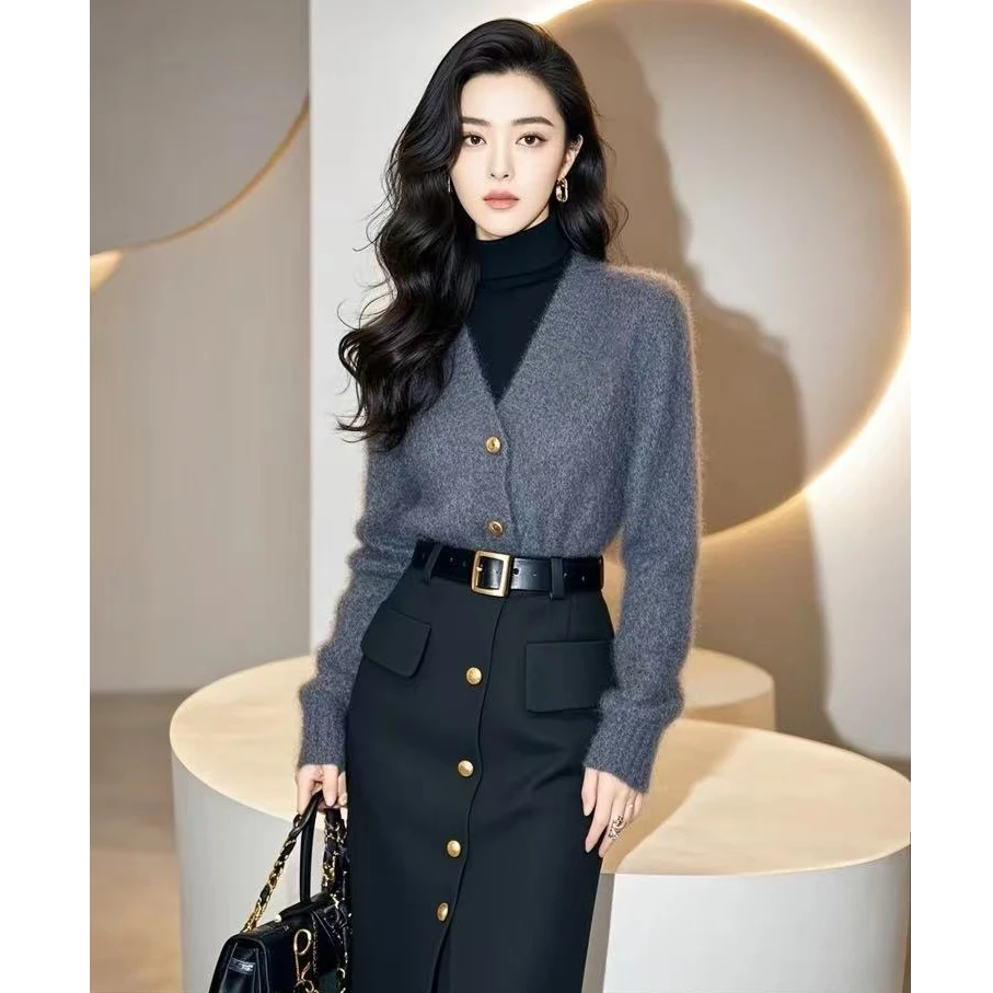 气质减龄小香风灰色针织上衣一整套洋气穿搭小个子半身裙职业套装