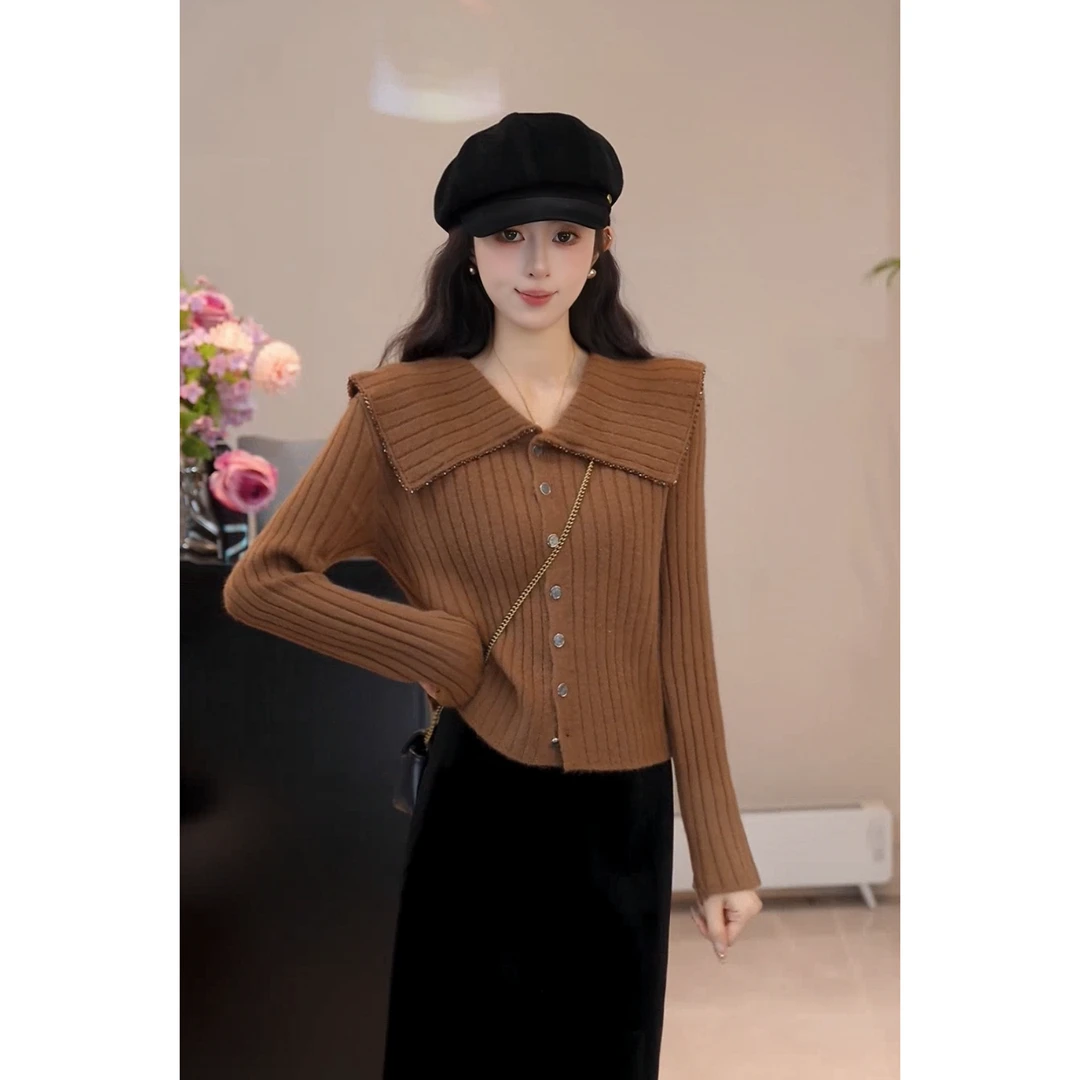 YUANLIANSU/圆脸酥【秋水如梦】千金风气质小众大翻领针织开衫秋季