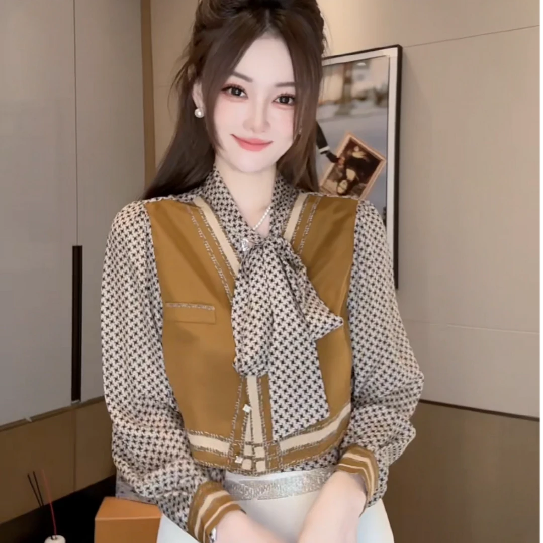 【丝芙玉禄】（F435）100%真丝双绉气质印花千鸟格拼接桑蚕丝上衣衬衫