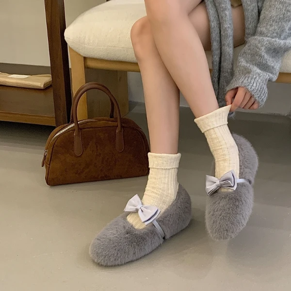 AL-24A30-2新款时尚百搭蝴蝶结平底玛丽珍鞋女气质软底毛毛鞋潮