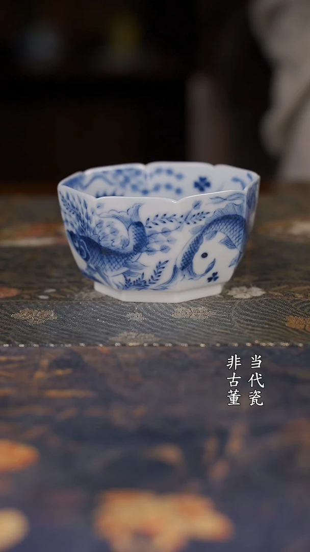 望月怀古满绘鱼藻八方杯