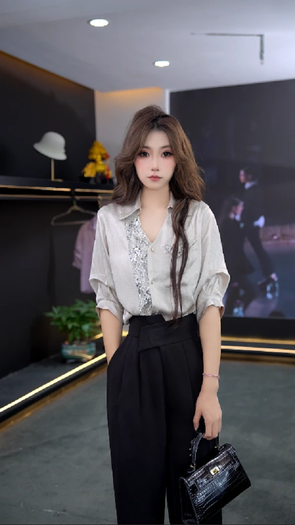 XGQ006-夏新款简约优雅宽松袋衬衫显瘦遮肉款洋气