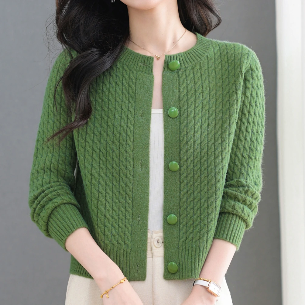 哥弟阿玛施正品秋冬新款圆领麻花羊毛衫女针织开衫毛衣短款套头