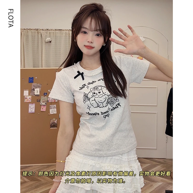 【flota】2025夏季新款短袖蝴蝶结珍珠小狗显瘦百搭上衣1051