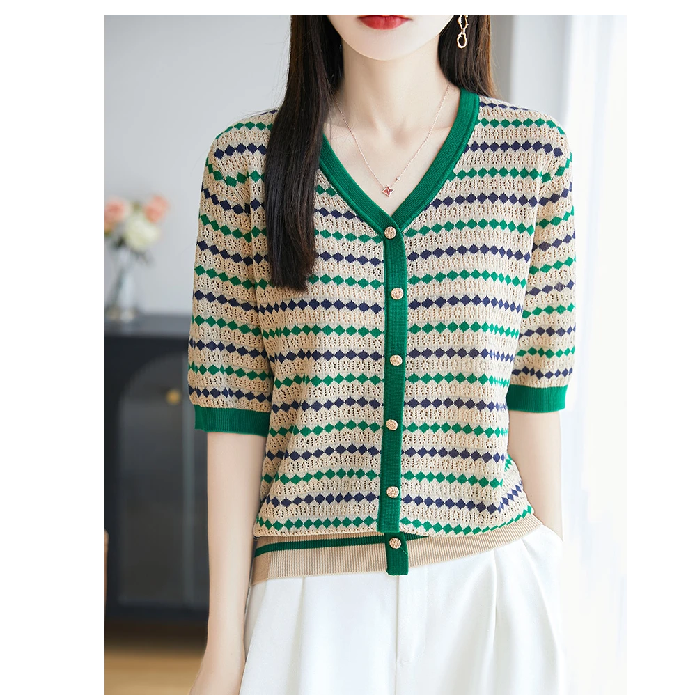 100莱赛尔V领短袖撞色百搭复古镂空短袖女条纹宽松显瘦