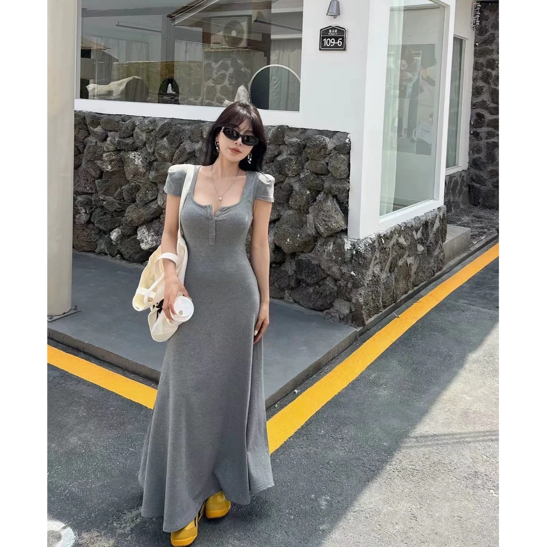 夏季新款高级灰气质修身收腰显瘦u领连衣裙女大裙摆a字长裙长款裙