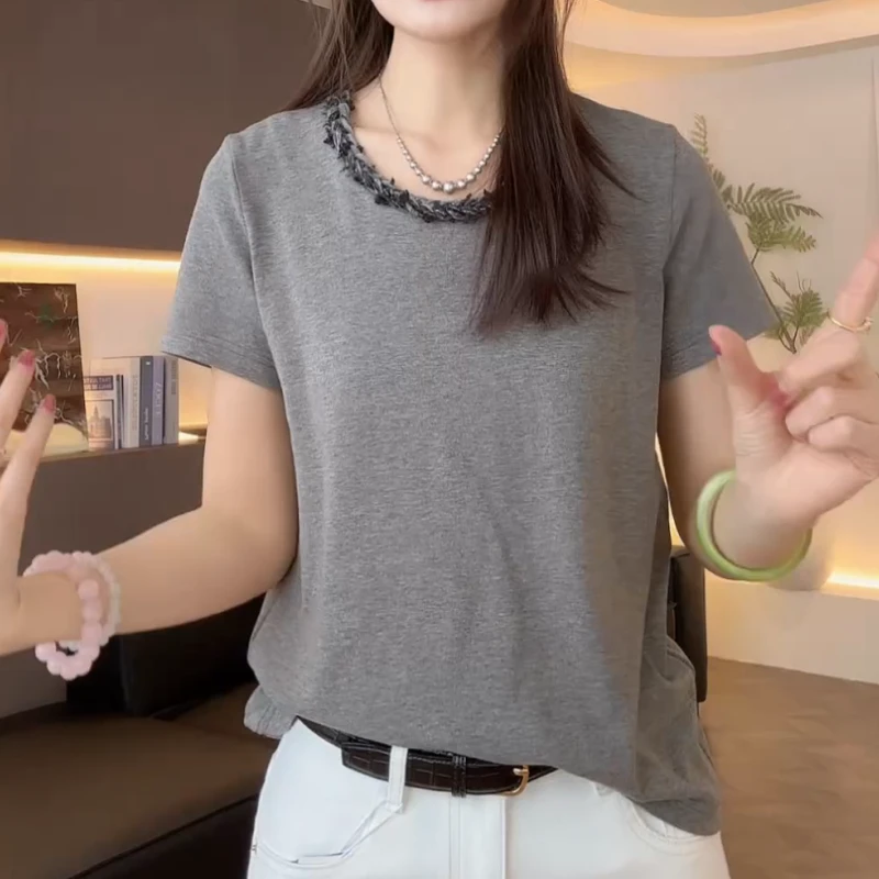 【小巴黎】2025新款新款时尚麦穗领边垂感休闲T恤LK2502428