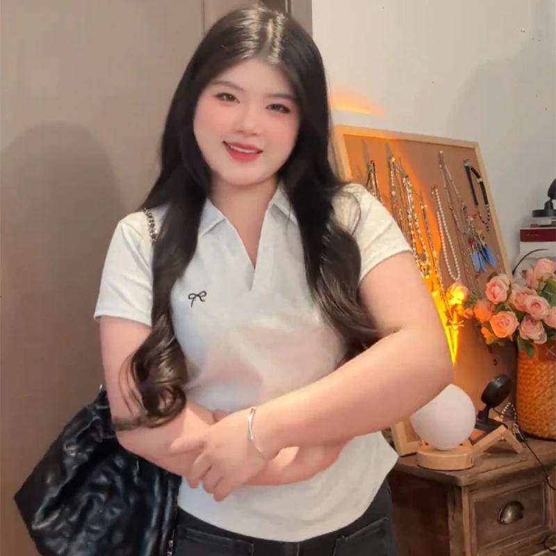 微胖mm美式收腰褶皱polo领短款上衣女夏季新款设计感显瘦短袖T恤