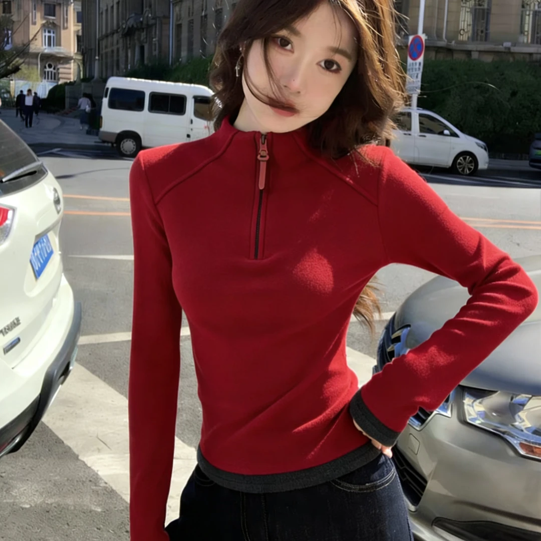 设计感撞色红色德绒磨毛长袖t恤女秋冬新款立领半拉链打底衫上衣
