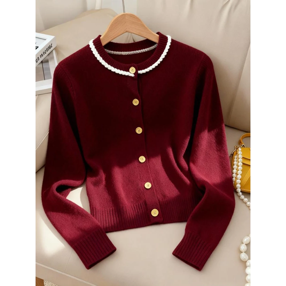 2025秋季新款千金风松弛感女贵气红色上衣慵懒毛衣针织衫外套爆款