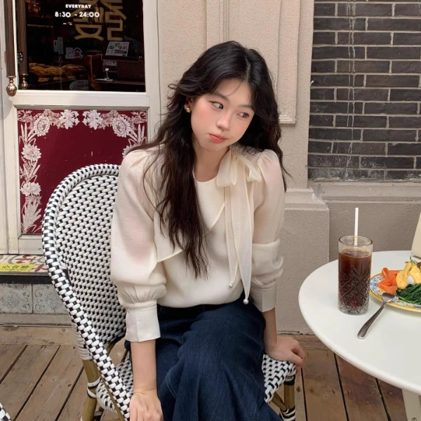 谁穿谁美！不挑人！法式钉珠蝴蝶结衬衫女斜裁长袖上衣秋季新款