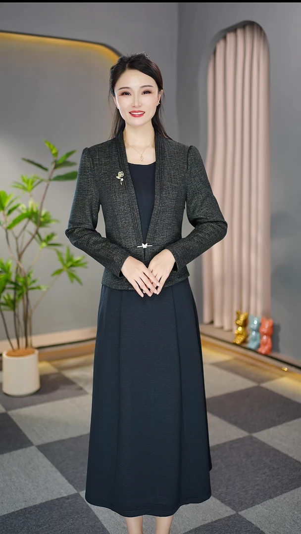 连衣裙时尚女士秋季新款A字裙百搭外套复古两件套裙子提花