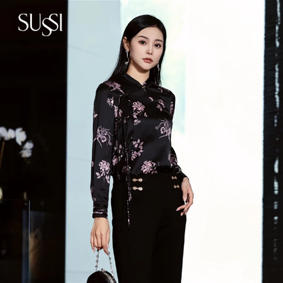 SUSSI/古色25春商场同款黑色新中式圆领盘扣印花衬衫上衣女