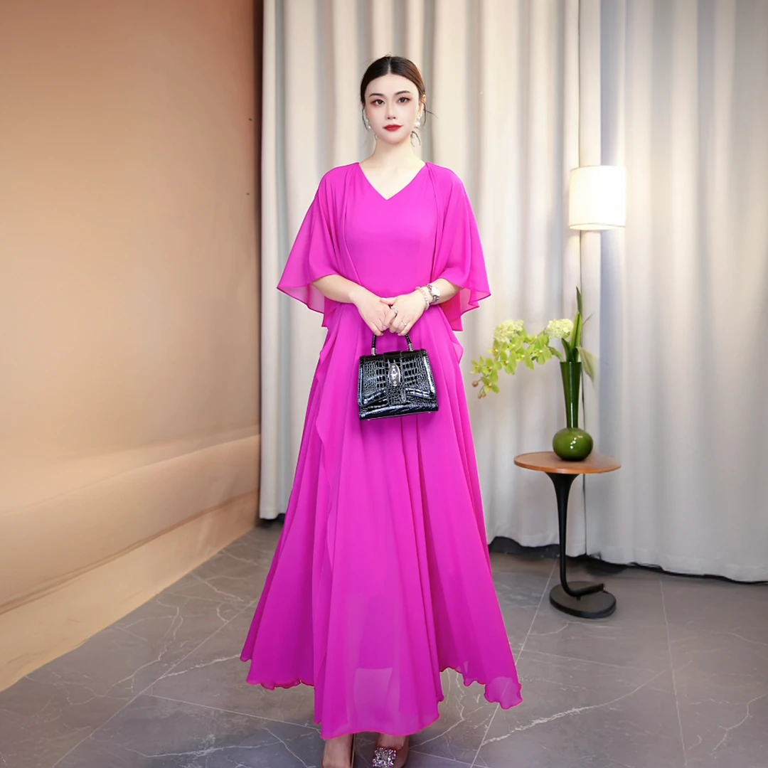 2025春夏新款无袖披风小香风连衣裙玫红色大摆长裙X682-85A