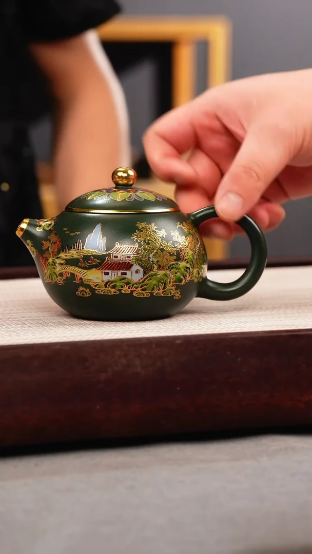 茶壶紫砂绿泥 西施 山房珐琅彩