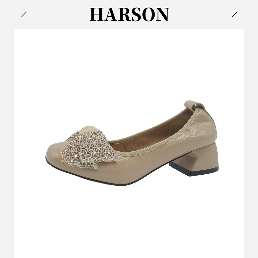 Harson/哈森透气蝴蝶乐福鞋方头粗跟时尚轻奢单鞋浅口跟鞋230203