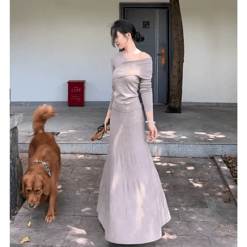 轻熟御姐风气质性感一字肩修身上衣半裙女装2025早秋新款针织套装