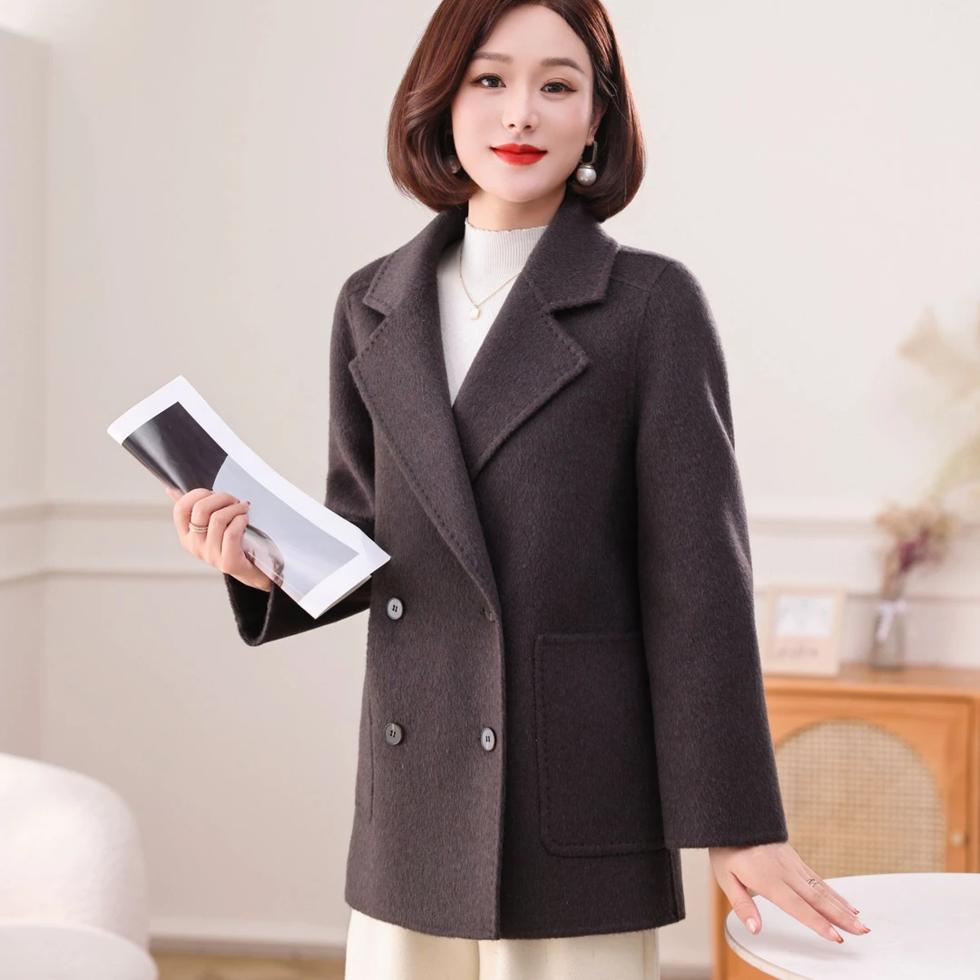 ziyang/孜洋秋冬双面羊毛大衣中长款女西装领骆驼绒毛呢子外套211