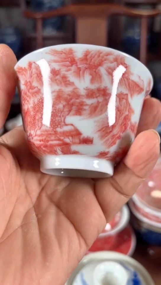 柴窑釉里红山水杯杯