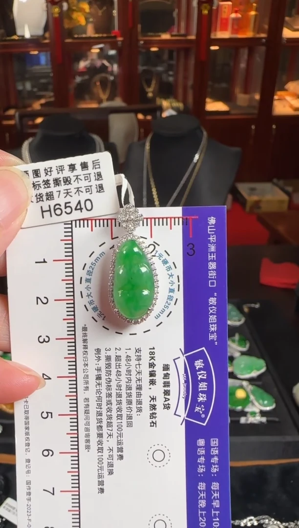 颈饰18K金镶嵌翡翠H6540冰绿富贵豆