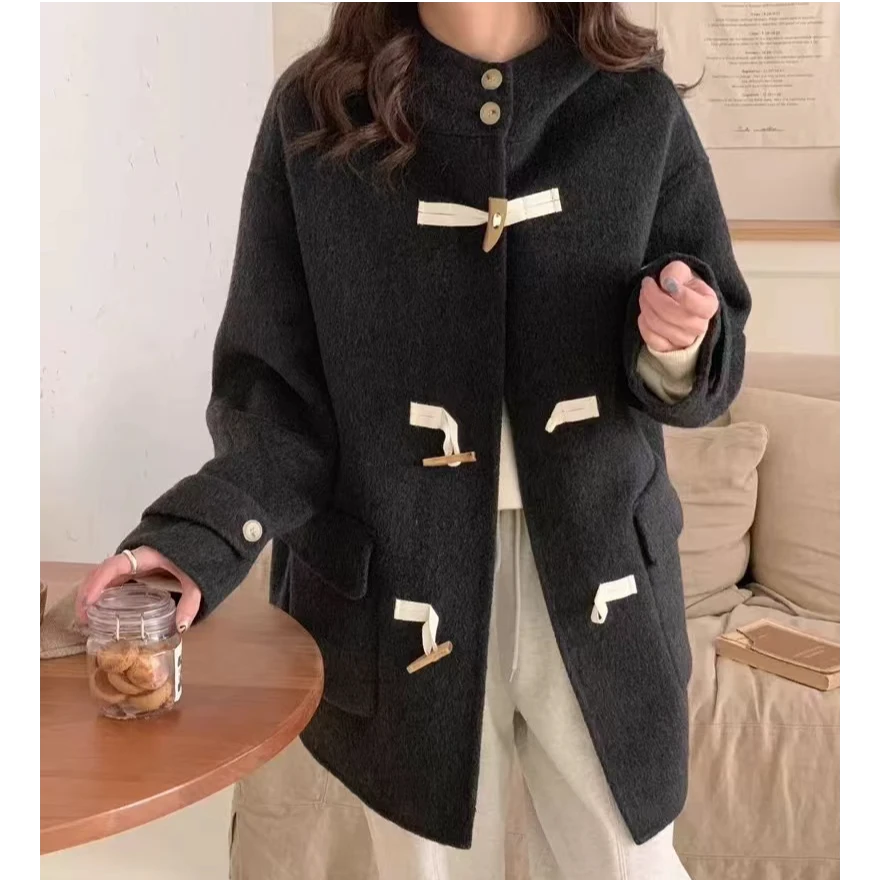【锦衣服饰】韩8802韩版牛角扣连帽咖色双面大衣