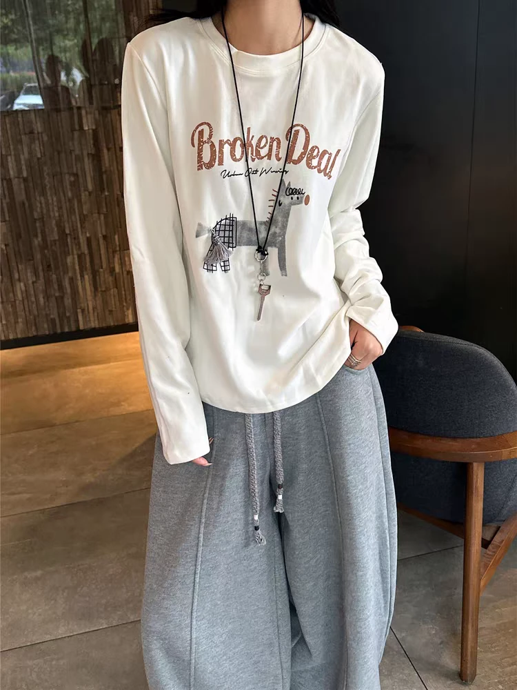 【济州岛】脱胶字母小马印花磨毛圆领打底衫2890