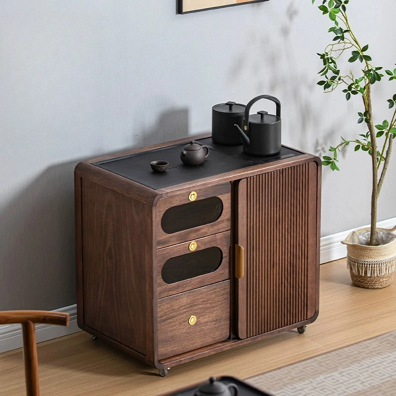 胡桃木家用客厅可移动茶水柜实木沙发边泡茶柜烧水壶一整套侧边柜