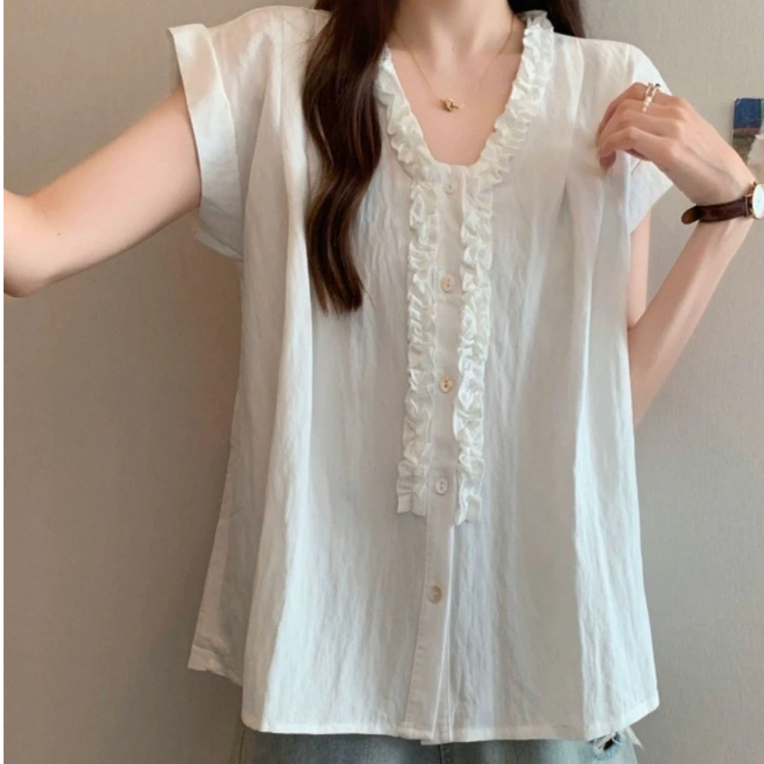 【胖彤彤】7084#单排纽扣菲边V领衬衫上衣Y/104