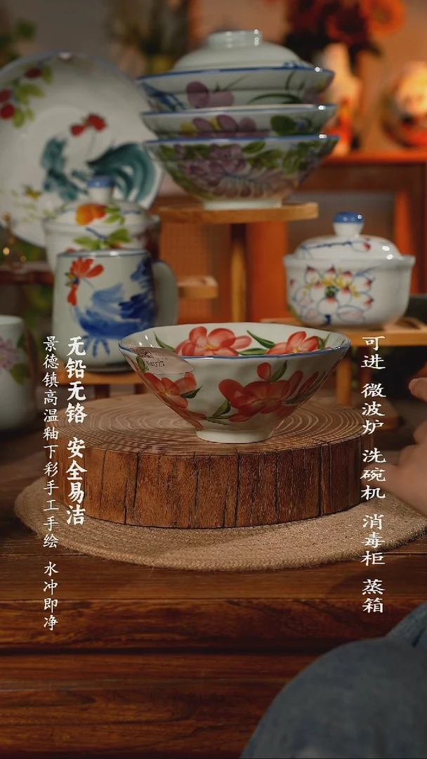 瓷景德镇高温瓷釉下彩手绘陶瓷6.5寸手捏